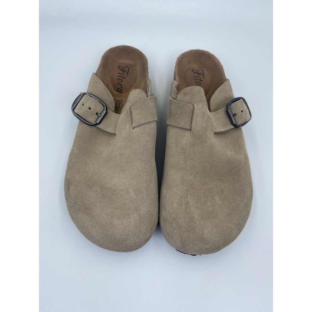 Fitory Clogs Unisex Size 40 Taupe Suede Slip On Buckle Mule Comfort Shoes